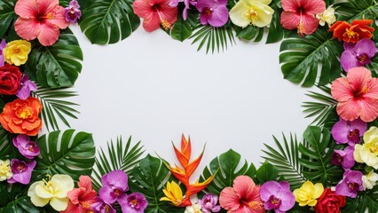 Obraz premium Colorful floral frame with tropical flowers and foliage on white background.