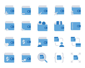 Blue color icons set for Wallet, purse, savings, cash.