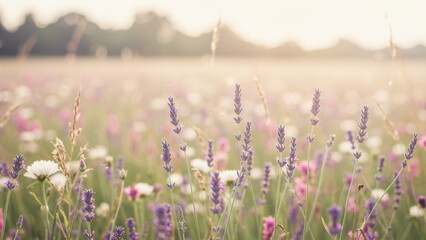 Serene field of lavender and wildflowers in soft sunlight. 