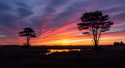 Vibrant sunset paints the sky with fiery colors over tranquil wetland landscape