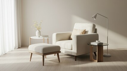 Fototapeta premium Elegant armchair with ottoman & accessories in light neutral tones.