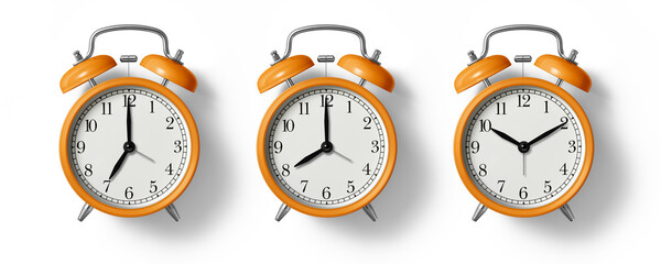Orange twin bell Alarm Clock analog classic vintage retro style, isolated on a transparent...