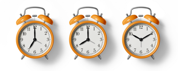 Orange twin bell Alarm Clock analog classic vintage retro style, isolated on a transparent background, PNG. High resolution. 
