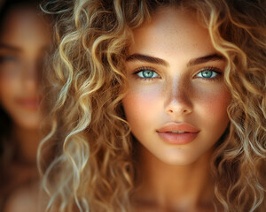 Fototapeta premium Woman with bright blue eyes and curly blonde hair, another woman blurred in the background