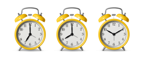 Yellow twin bell Alarm Clock analog classic vintage retro style, isolated on a transparent background, PNG. High resolution.