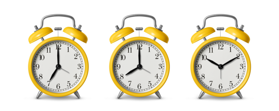 Yellow twin bell Alarm Clock analog classic vintage retro style, isolated on a transparent background, PNG. High resolution. 