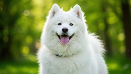 A beautiful, fluffy white Samoyed dog smiles against a green bokeh background.