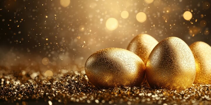 Golden eggs shimmer amidst sparkling decorations, creating a festive atmosphere perfect for spring celebrations and holiday gatherings