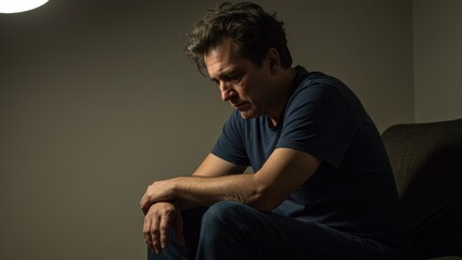 Obraz premium Man in dark, head down, sitting with arms crossed, feeling sad or depressed.