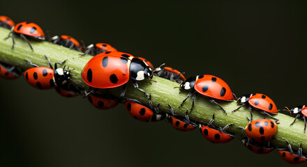 A cluster of convergent lady beetles resting on a vibrant green plant stem