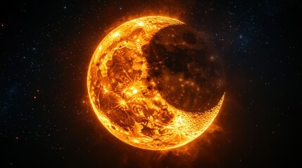 Fiery Crescent Moon in Cosmic Embrace