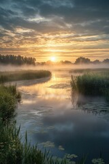 Obraz premium A golden sunset casts a warm glow over a misty river, reflecting on the water's surface. Silhouettes of trees and the skyline are visible in the distance under the foggy evening.