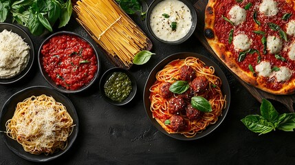   Black surface is unnecessary Just remove it and the text becomes A table topped with plates of food and bowls of sauces