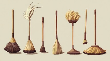 Collection of various brooms for cleaning; studio background; website design