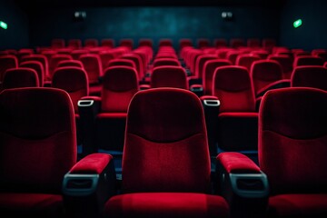 Obraz premium Inside the cinema: Empty rows of luxurious red chairs await an audience