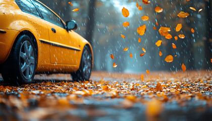 Fototapeta premium Yellow car in rain with falling autumn leaves on a wet road