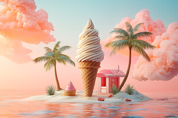Dreamy island with a giant ice cream cone pink clouds palm trees and a pink beach house.