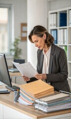 Fototapeta premium Focused businesswoman analyzing financial documents in modern office 