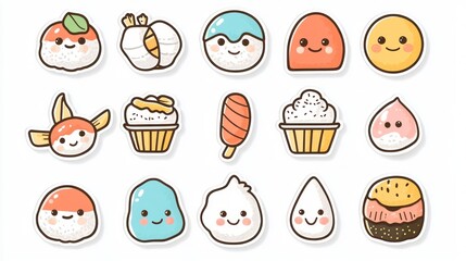 Cute food cartoon icons; dessert, sushi, and snacks; white background; for kids' menu or app