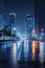 Obraz premium Rainy night scene of a metropolitan street, showcasing wet pavement and glowing streetlights against the backdrop of high-rise buildings.