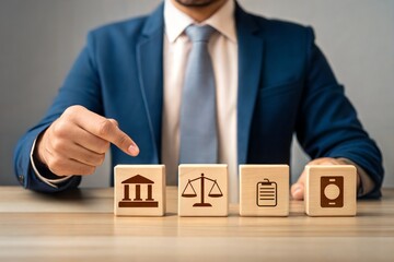 Obraz premium Lawyer Demonstrating Legal Concepts with Icon Blocks 
