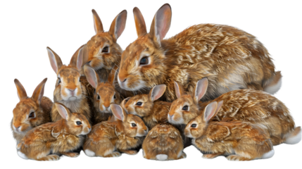 A group of brown rabbits huddled together
