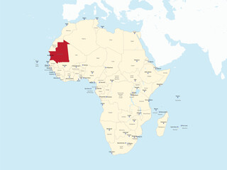 Detailed national location map of MAURITANIA within the great continent of Africa