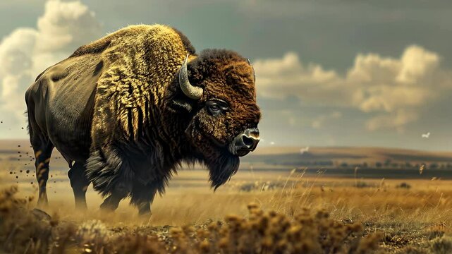 Bison roaming the Great Plains, vast landscape and sturdy build, wild animals in their natural habitat