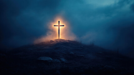 Christian Cross Illuminated Through Fog