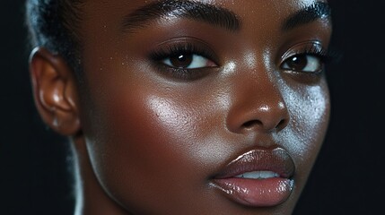 Close-up portrait of a young woman with glowing skin.