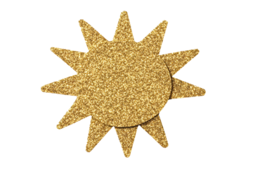 Sparkling gold glitter sun shape on black background for creative projects, cut out
