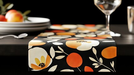 Fototapeta premium A black-clothed table is adorned with orange and white flowers, and a wine glass rests beside it