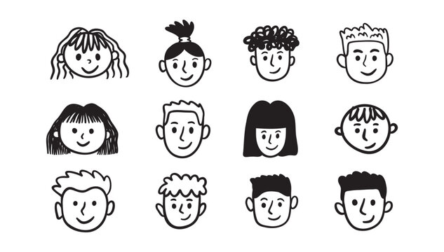 Kids faces portraits set. freehand kids pencil drawing elements. Comic child funny doodle faces set.