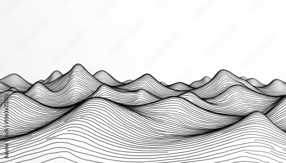Poster abstract black, white line art illustration, wavy mountain range. minimalist design, modern style. i