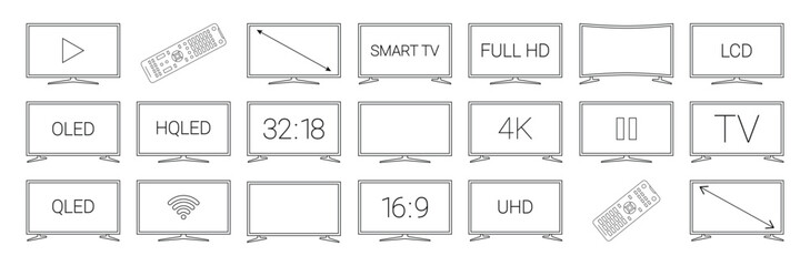 TV black line icon set. Different types of tv displays with signs. HD, TV, Play, remote icons. Pictogram for web page, mobile app, promo. Editable stroke. 