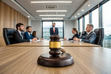 Judge’s gavel with lawyers discussing legal matters in a law firm. (Law)