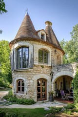 Charming stone tower house surrounded by lush greenery showcasing rustic architecture in a serene countryside setting during daylight