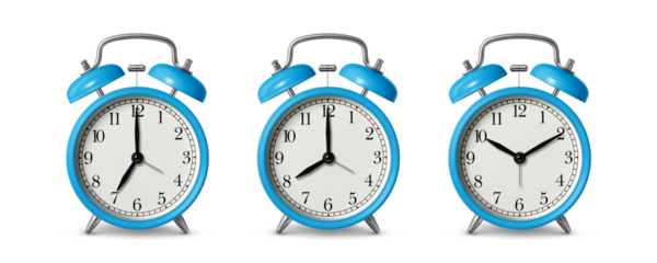 Sky blue twin bell Alarm Clock analog classic vintage retro style, isolated on a transparent background, PNG. High resolution. 