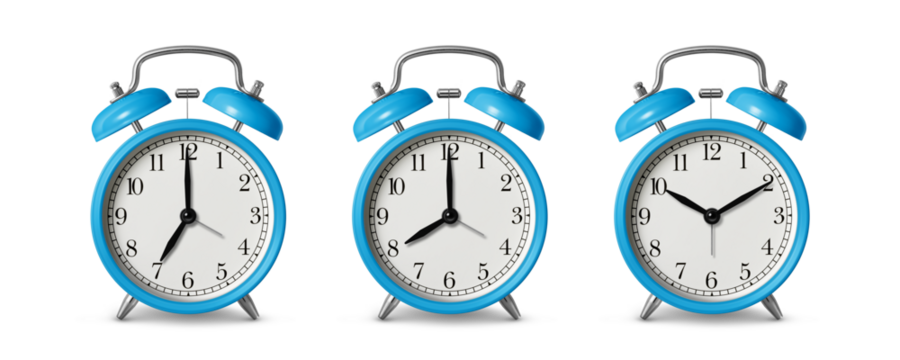 Sky blue twin bell Alarm Clock analog classic vintage retro style, isolated on a transparent background, PNG. High resolution. 