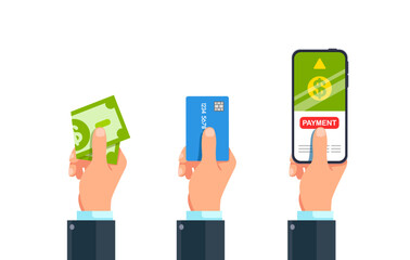 image of hands holding card and banknotes and phone. drawing on white background. Modern flat style vector illustration clipart