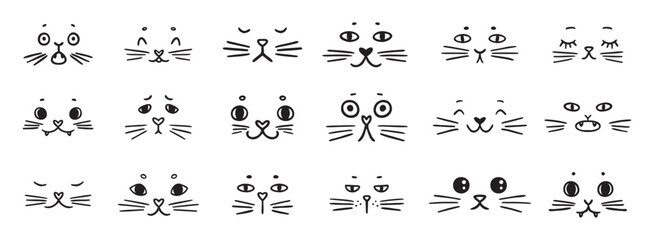 cute funny cat faces doodle hand drawn icon set. Outline drawing cats emotions different mood happy or sad line clipart symbol collection