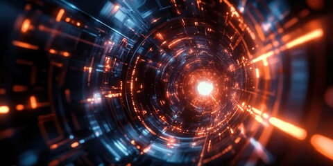 Obraz premium Vibrant digital interface with a complex array of cybernetic components and high-tech circuitry, suggesting advanced technology and data processing capabilities. Futuristic concept for virtual reality