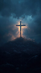 Fototapeta premium Christian Cross Illuminated Through Fog