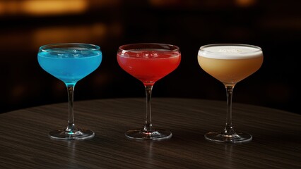 Elegant colorful cocktails lined up in coupe glasses on a dark table
