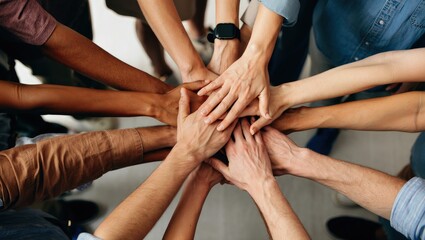 Teamwork concept with diverse hands joining together, symbolizing unity, cooperation, and collaboration