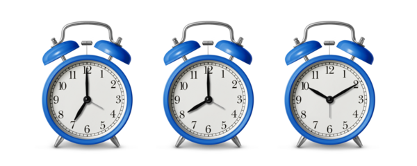 Blue twin bell Alarm Clock analog classic vintage retro style, isolated on a transparent background, PNG. High resolution. 