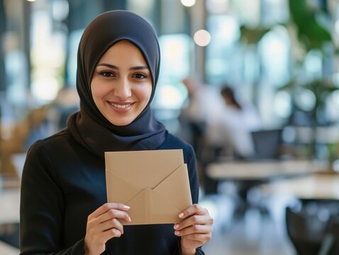 A cheerful Muslim woman with hijab smiling and holding a card with hands, ready for gifting or sending it.