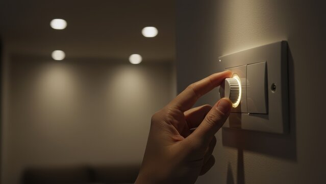 Hand adjusting a light dimmer switch on a wall indoors