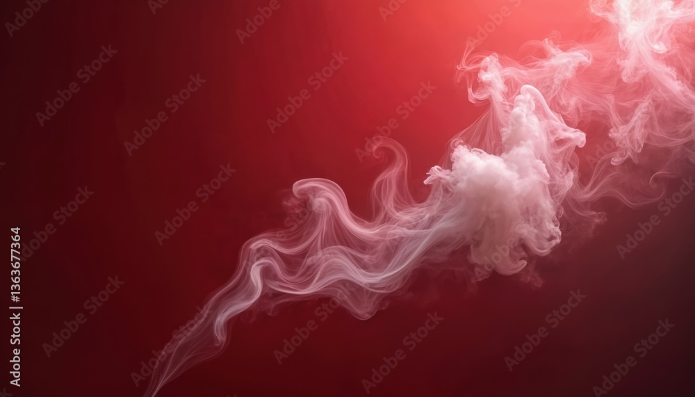 Poster White smoke swirls against red background. Abstract art, delicate curves, soft shapes create dynamic motion. Ideal visual for design projects, background, texture, adding artistic effect representing