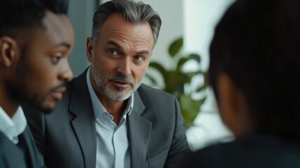 Three men in business attire engaged in a professional conversation in an office setting, possibly discussing work-related matters or conducting an interview.